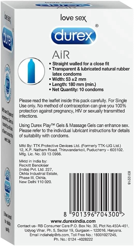 Durex Air Condoms, Ultra Thin Condoms, 10 Units Expiry- 28/02/2026