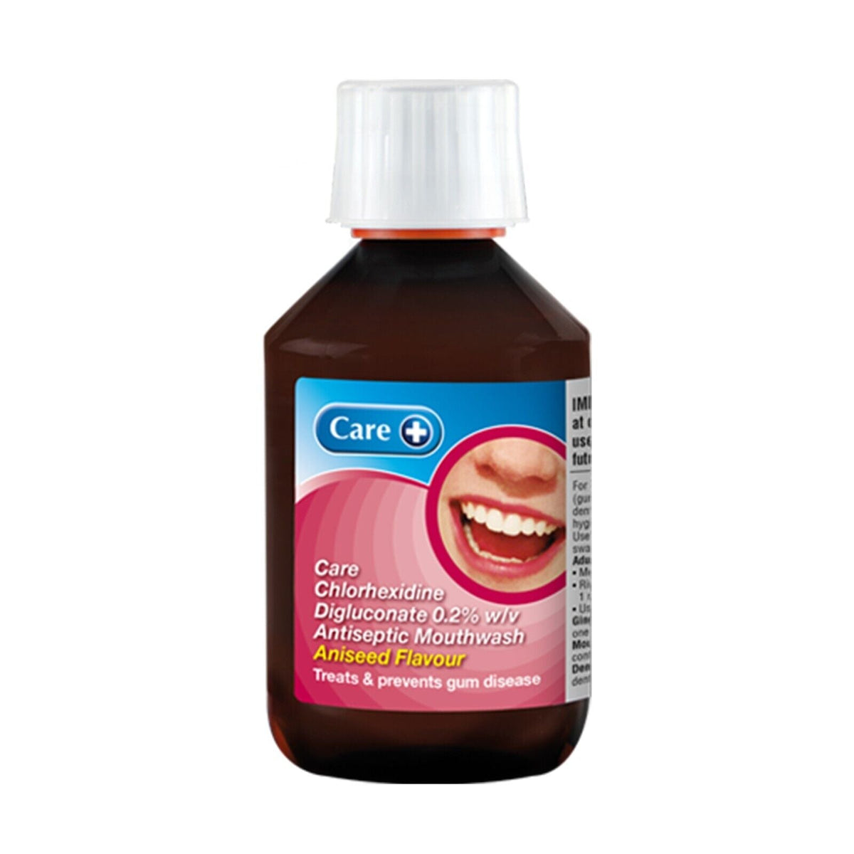 Care+ Chlorhexidine Mouth Wash with Aniseed Flavour in 300ml bottle, showing the product label and cap.
