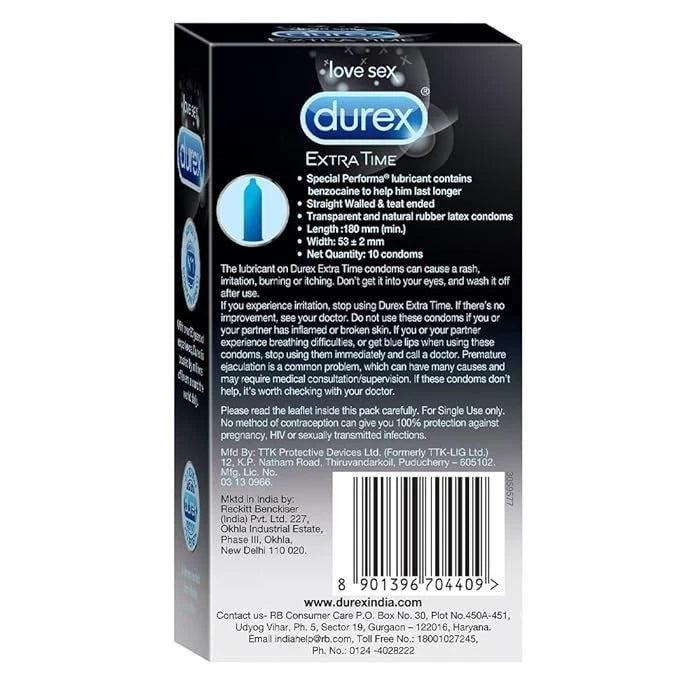 Durex Extra Time Condom For Long Lasting Pleasure, 10 Units Expiry 30/04/2026