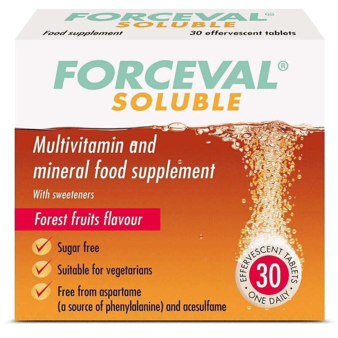 Forceval Adult Multi Vitamin soluble tablets, showing a blister pack of 30 multivitamin tablets for adults.