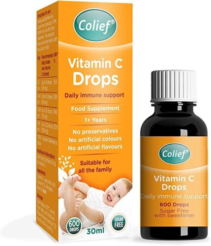 Cured Pharmacy Colief Vitamin C Drops 30ml bottle with orange flavor and dropper for dietary supplement use