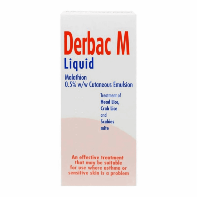 Liquid medication bottle labeled Derbac M, 150ml, used for treating parasitic infections, displayed on a clean surface.
