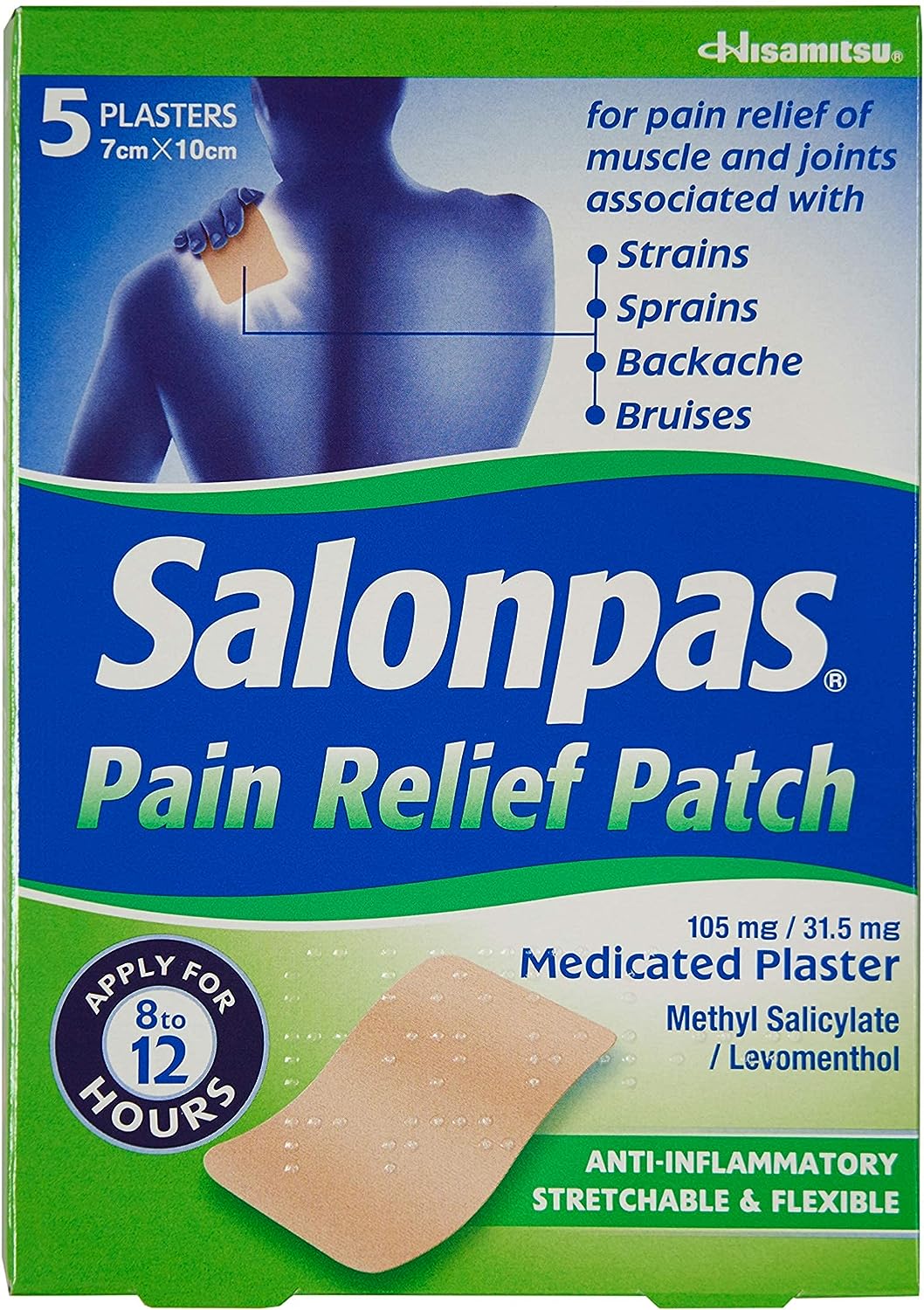 Cured Pharmacy Salonpas Pain Relief Patch in a 5-pack, showing adhesive patches designed for targeted pain relief on skin.