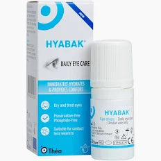 Hyabak dry eye drops in a 10ml bottle, shown in a shopping cart, designed to soothe and lubricate dry eyes effectively.