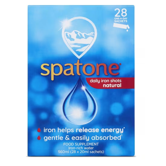 Spatone 28 daily sachets of iron-rich mineral water from Cured Pharmacy, shown in individual sachet packaging.