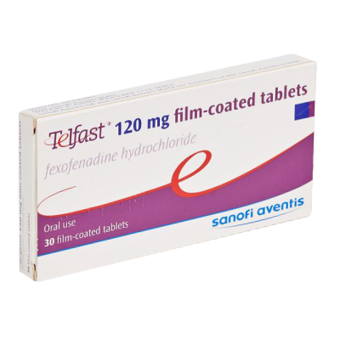 Telfast antihistamine 120mg tablets, 30-count bottle for allergy relief, shown in a clear bottle with tablets.
