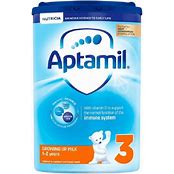 A box of Aptamil 3 Growing Up Milk for ages 1-2 years, 800g, with a colorful label and nutritional information on the front.