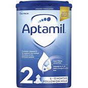 A jar of Aptamil 2 Follow On Baby Milk Formula Powder for 6-12 months, 800g, shown with its label and scoop.