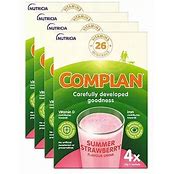 Complan Strawberry Nutritional Drink multipack, showing bottles with strawberry flavor and colorful packaging on a white background.
