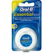 Oral-B Essential Unwaxed Dental Floss showcased on a white background, highlighting its packaging and dental cleaning purpose.