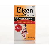 Bigen Hair Colour Oriental Black 59 bottle showing the black hair dye product with packaging and applicator brush.