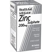 HealthAid Zinc Sulphate 200mg supplement bottle with tablets, showing the product label and packaging.