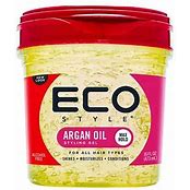 Eco Style Moroccan Argan Oil Hair Styling Gel in 473ml bottle, showing the gel's smooth texture and eco-friendly packaging.