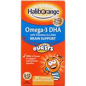 Haliborange Omega 3 DHA Brain Support Burst in orange flavor, showing the colorful packaging and the orange-flavored supplement.