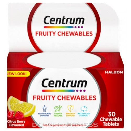 Centrum Multivitamin Fruity Chewables 30-pack with colorful fruit-flavored chewable vitamins on a white background.