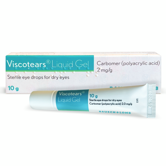 Viscotears Liquid Gel for Dry Eyes in 10g tube, clear gel with eye dropper applicator, designed to soothe and lubricate dry eyes.