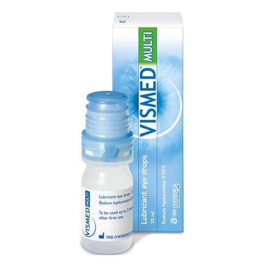 Vismed Multi Lubricant Eye Drops 10ml bottle with clear cap and label, designed for soothing and lubricating dry eyes.