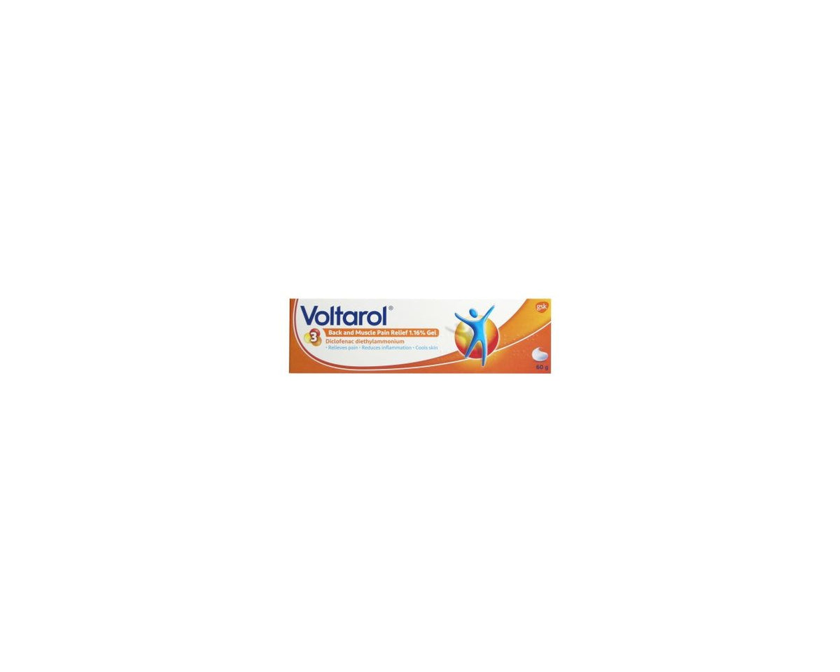Cured Pharmacy Voltarol Back and Muscle 1.16% pain relief gel in 30g tube, showing the tube and label.