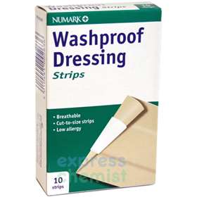 Numark Washproof Dressing Strips, 10-pack, waterproof adhesive dressings for wound care, shown in the image.