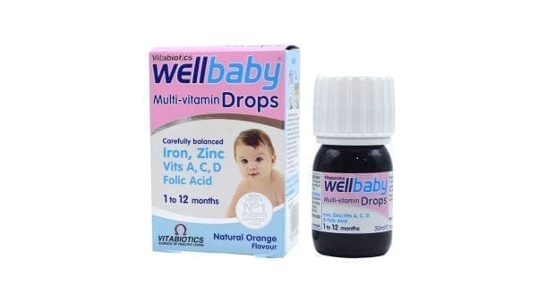Wellbaby Multivitamin Drops in a 30ml bottle, containing colorful liquid supplement for infants and young children.