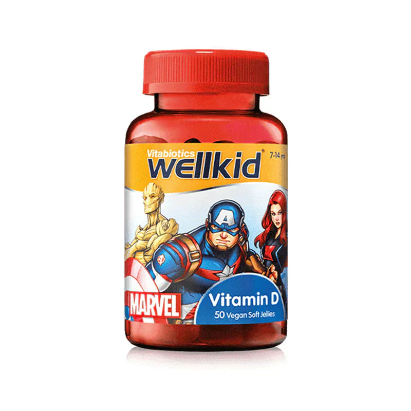 Wellkid Marvel Vitamin D supplement in a colorful bottle, designed for children's health and immune support