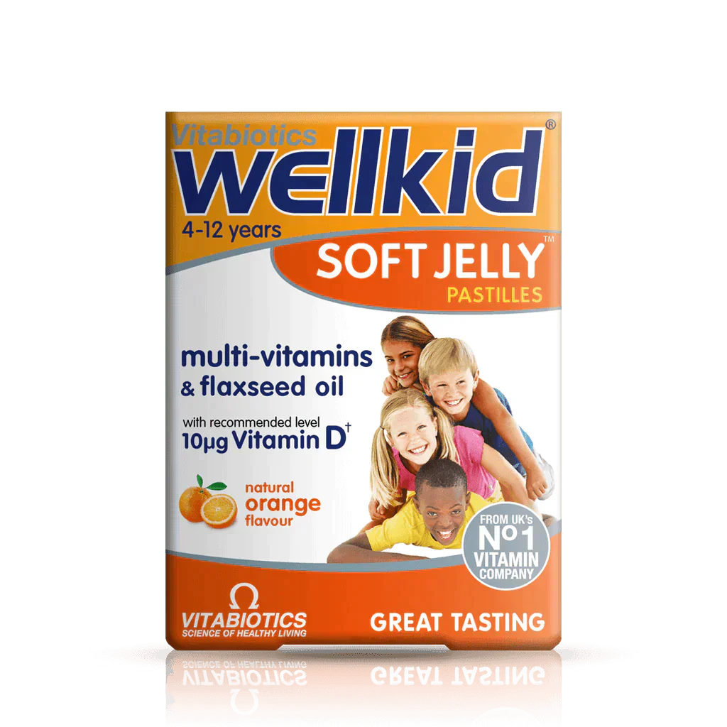Wellkid Soft Jelly Orange supplement in orange-flavored gummy form, with bright orange packaging and soft jelly texture.