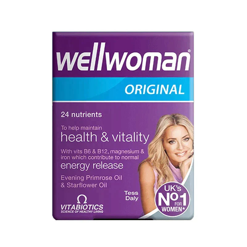 Wellwoman Original Capsules by My Store, dietary supplement bottle featuring white capsule pills for women's health.
