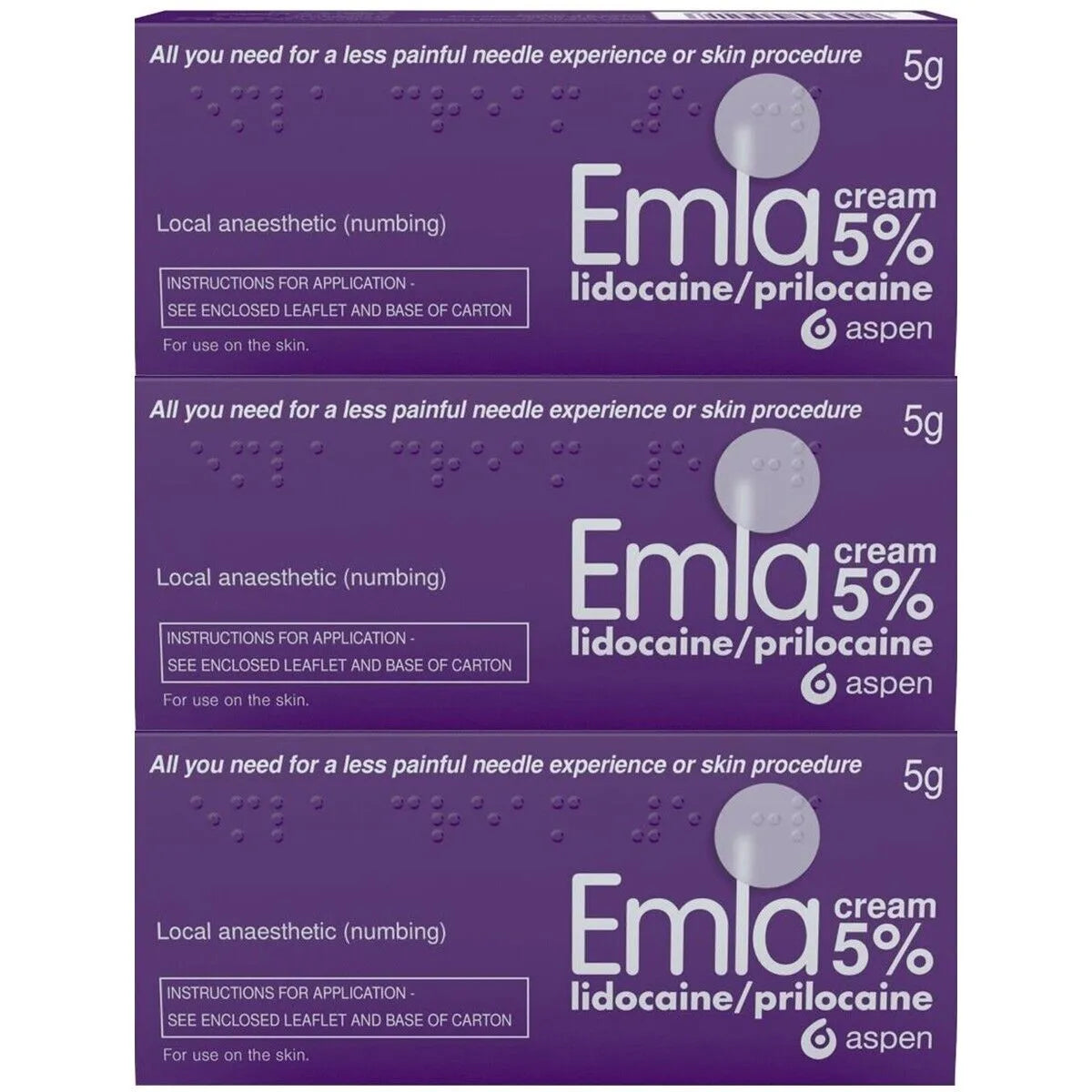 EMLA Cream 5% in a 5g tube, topical anesthetic for numbing skin before procedures, with a smooth, white cream texture.