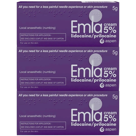 EMLA Cream 5% in a 5g tube, topical anesthetic for numbing skin before procedures, with a smooth, white cream texture.
