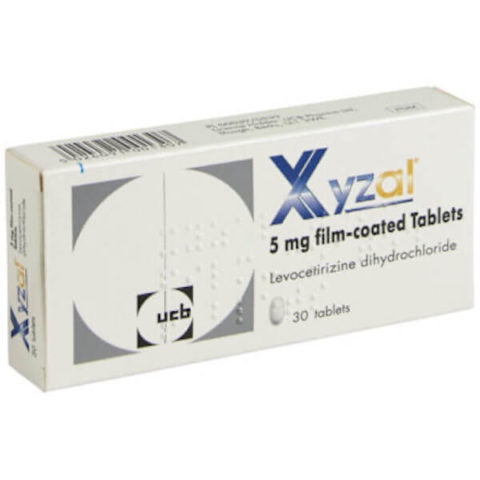 Cured Pharmacy Xyzal Tablets (Levocetirizine) showing a blister pack of antihistamine tablets on a white background