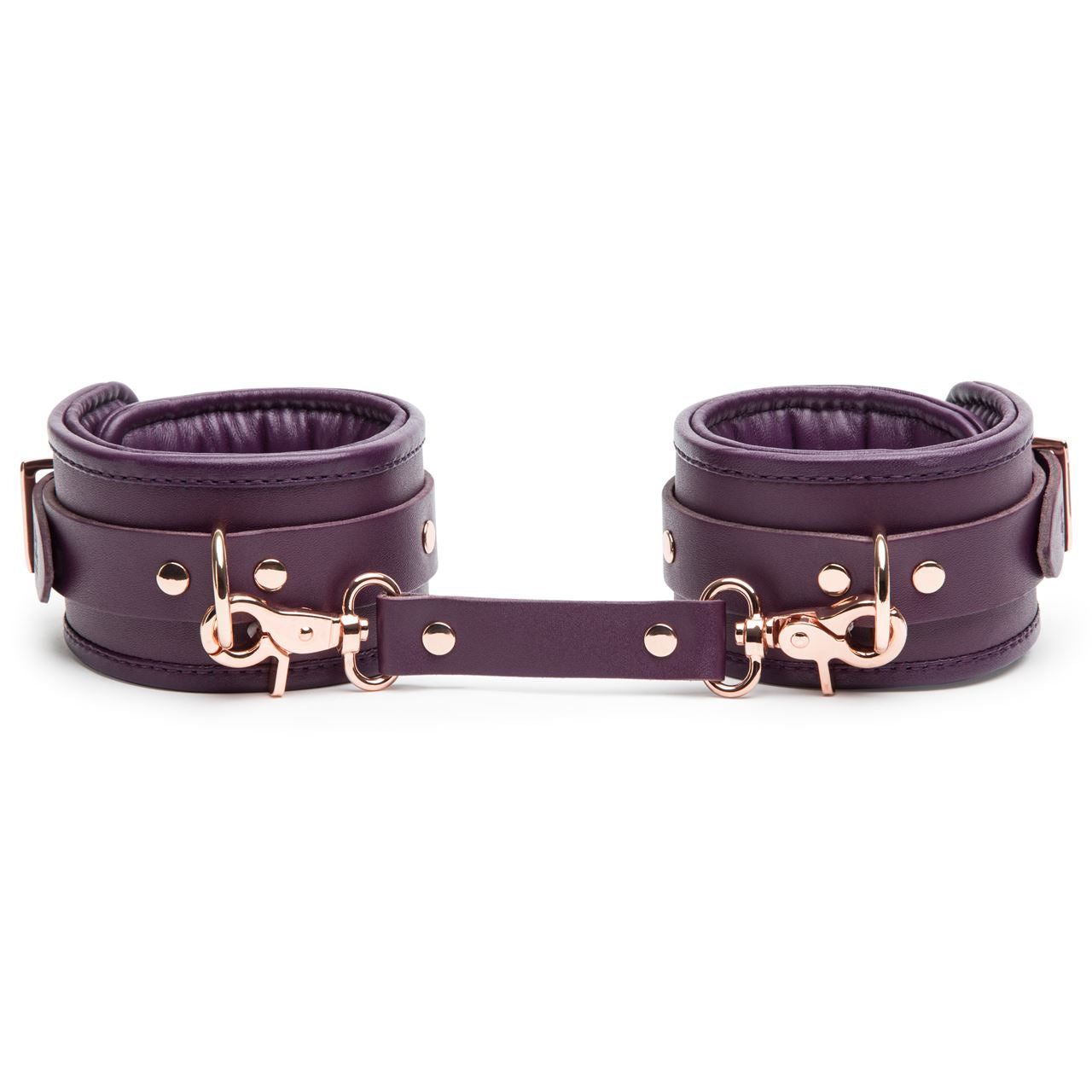 Fifty Shades Freed Cherished Collection leather ankle cuffs with metal hardware, designed for restraint and BDSM role-play.