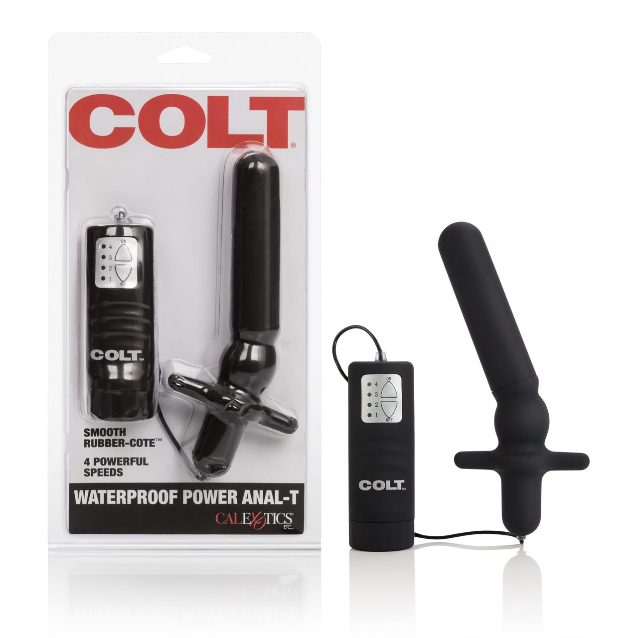 Black COLT Waterproof Power Anal-T vibrator with textured surface and control buttons, designed for anal pleasure.