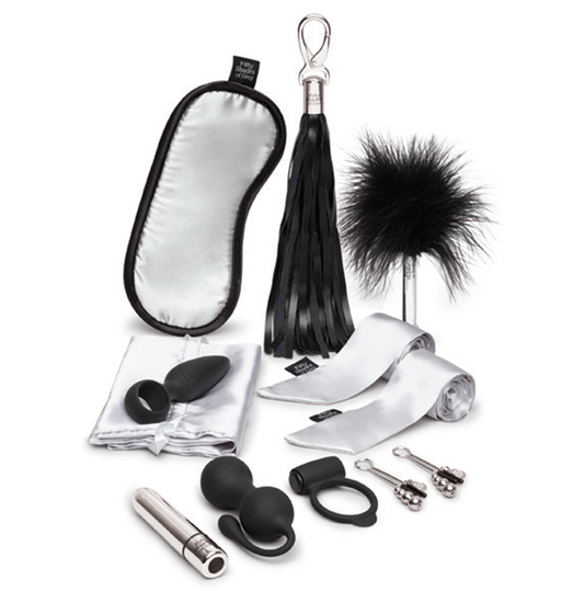 Fifty Shades of Grey Pleasure Overload 10 Days of Play gift set with intimate toys and accessories, displayed in the packaging.