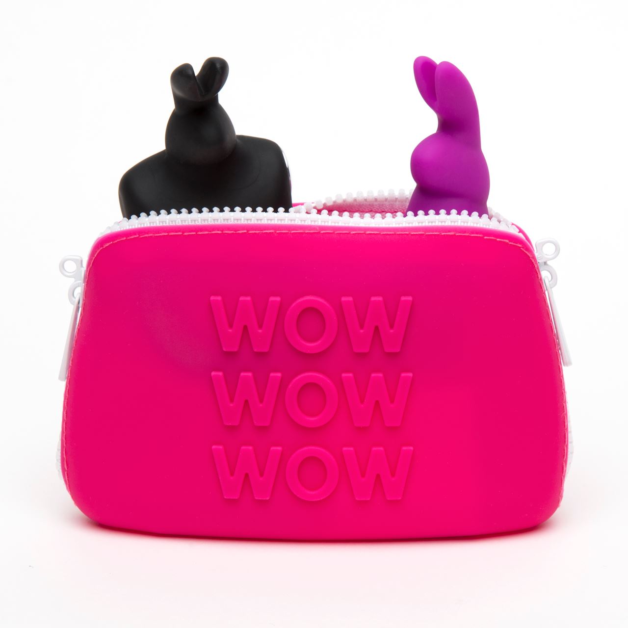 Small pink Happy Rabbit WOW Storage Zip Bag with secure zip closure, ideal for organizing small items.