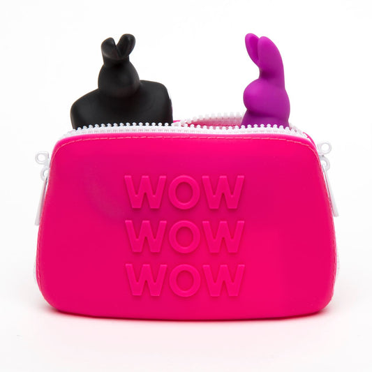 Small pink Happy Rabbit WOW Storage Zip Bag with secure zip closure, ideal for organizing small items.