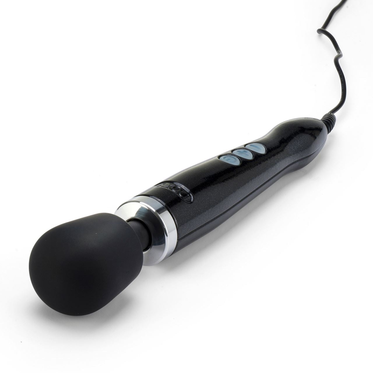 Doxy Die Cast in black, a sleek and shiny metal vibrator with a smooth surface and ergonomic design.