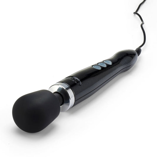 Doxy Die Cast in black, a sleek and shiny metal vibrator with a smooth surface and ergonomic design.