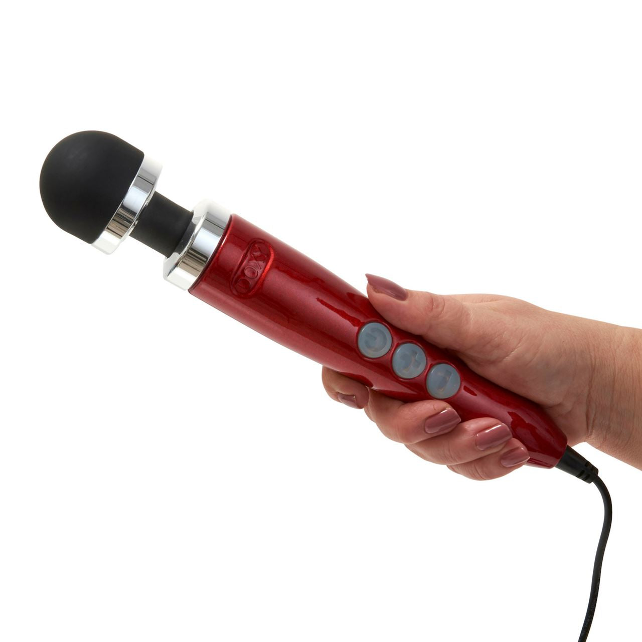 Doxy Die Cast 3 vibrator in vibrant candy red with metallic finish, showcasing its sleek, curved design and textured surface.