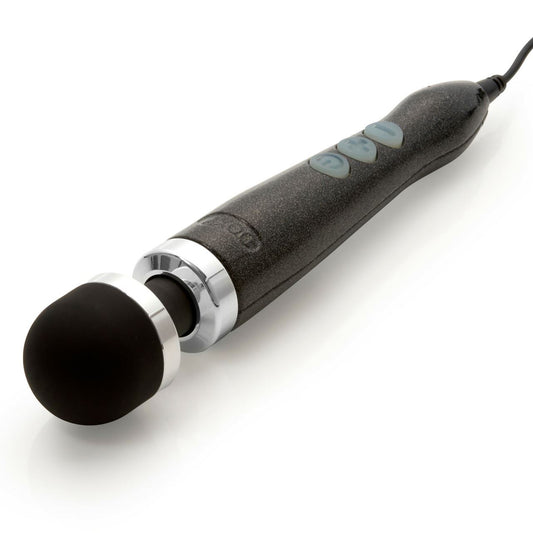 Doxy Die Cast 3 Disco Black vibrator in black with metallic finish, showing its smooth, curved design and textured surface.