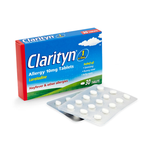Clarityn Allergy Relief 10mg medication box with blister pack of tablets and packaging details visible.