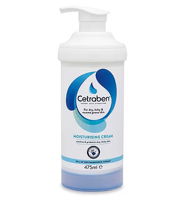 Cetraben Moisturising Cream 475ml jar with white lid, smooth cream visible, designed for gentle skin hydration and soothing relief