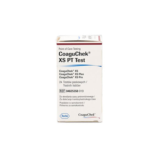 Roche CoaguChek XS 24 PT test strips for blood clot monitoring, shown in a close-up of the packaging and strips.