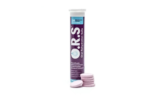 ORS Hydration Blackcurrant Tablets in a bottle, showing the colorful effervescent tablets for hydration and energy.