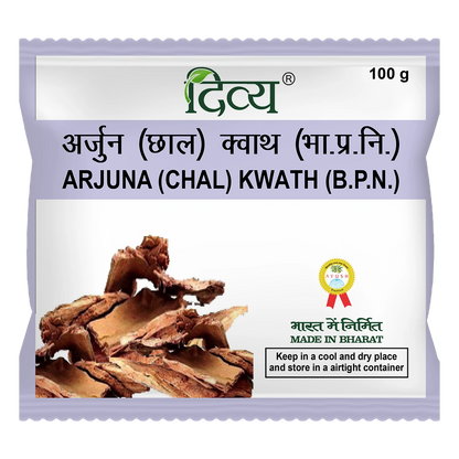 Patanjali Divya Arjun Kwath in 100g packaging, showing dried Arjun bark for herbal tea or medicinal use.