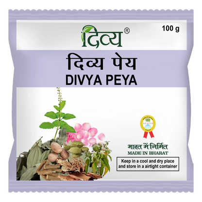 Patanjali Divya Peya herbal tea in a 100 gm package, displayed in a clear view with the product label visible.