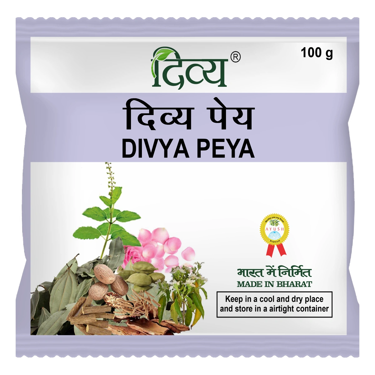 Patanjali Divya Peya herbal tea in a 100g package, showing the product packaging with the label and branding.