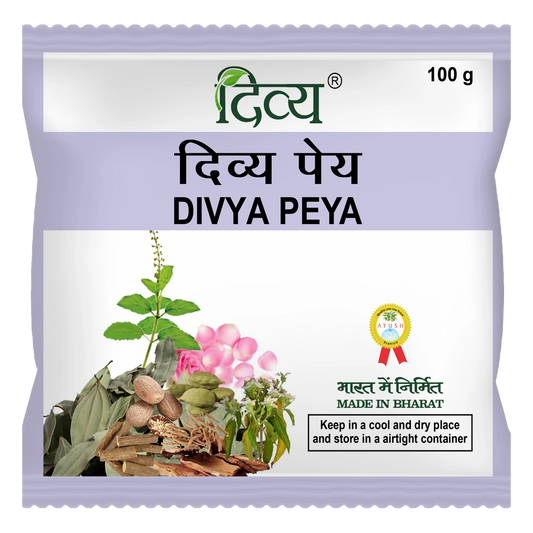 Patanjali Divya Peya herbal tea in a 100g package, showing the product packaging with the label and branding.
