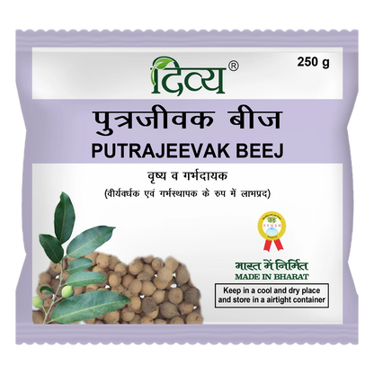 Patanjali Divya Putrajeevak Beej in a 200g package, showing the herbal seeds in a clear container with labels.