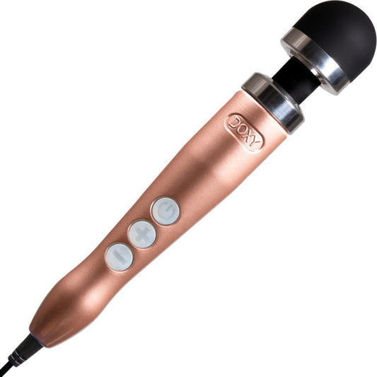 Doxy Die Cast 3 Rose Gold vibrator with sleek metallic finish, ergonomic design, and textured surface for optimal stimulation.