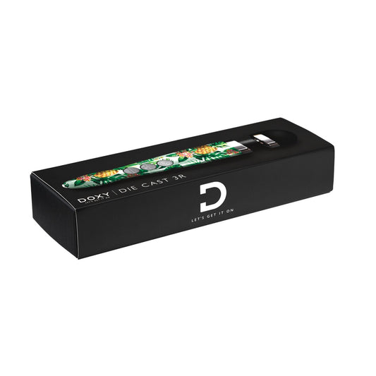 Doxy Die Cast 3 Rechargeable vibrator with pineapple hydrographic design in box, crafted by Doxy.